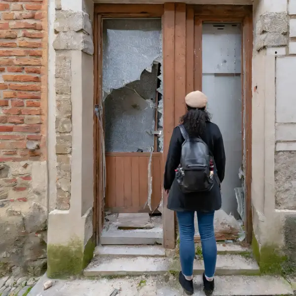 Porte d'entrée en bois fracturée, vitre brisée, après une tentative de cambriolage