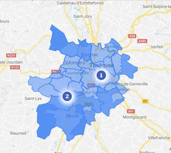Carte de la zone d'intervention d'ABACA autour de Toulouse, avec les établissements de Toulouse centre et de Tournefeuille